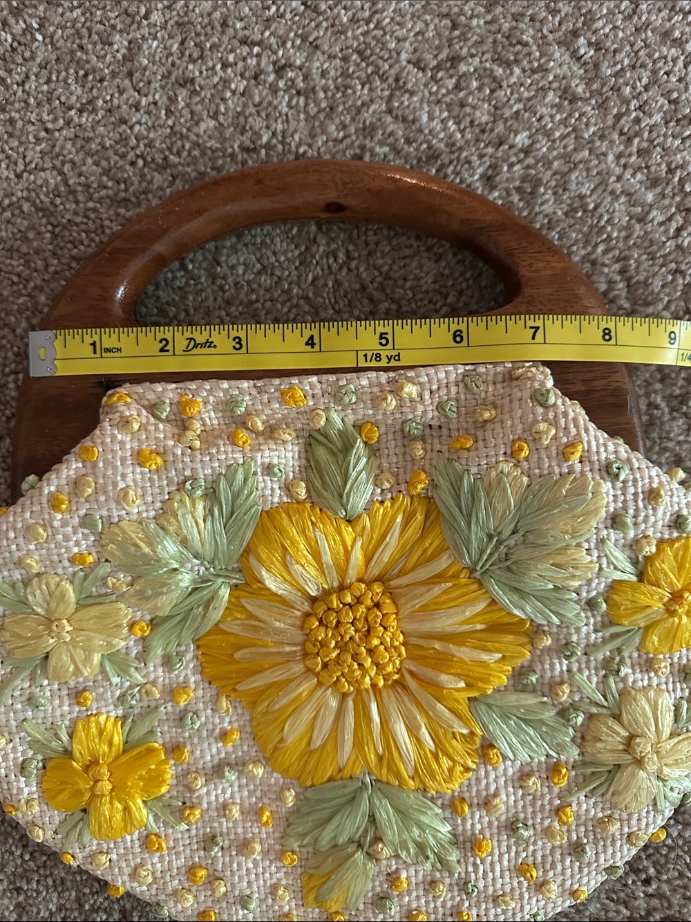 Vintage Raffia Straw Floral Handbag | Purse with Wood Handles | - Picture 11 of 11